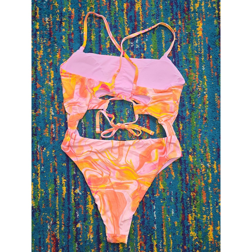 NWT AQUA Swim One Piece Pink Multi Marble Swirl Cutout Womens Size M - Picture 3 of 5